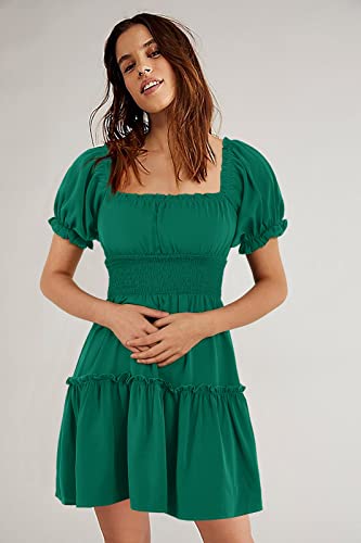 Image of Womens Babydoll Mini Dress Casual Square Neck Short Sleeve Summer Dresses | Empire Waist, Smocked, Flowy, Short Beach Dress, Vacation, Floral, Boho