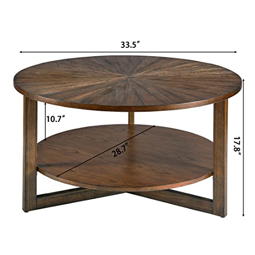 Moderion Wood Coffee Table With Umbrella Shaped Top For Living Room, Round Traditional Center Table With Solid Wood Legs, 33.5”X 17.8” Rustic Circular Tea Table, Easy Assembly, Vintage Brown Kfz3338Nc #TOP2