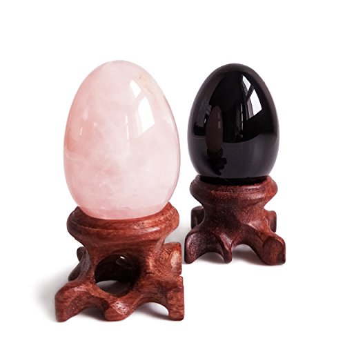 Quartz rose authentique œuf de méditation et sphère obsidienne avec support