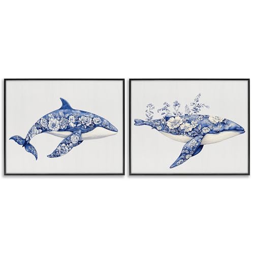 Toile baleine en fleurs Stupell, cadre noir 61x76 cm pour une déco marine élégante
