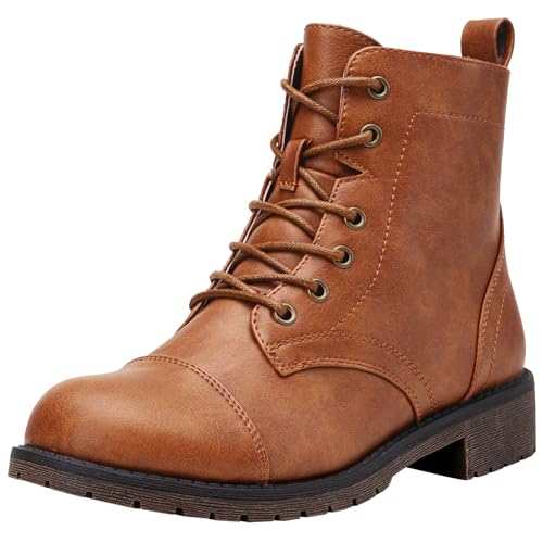 VEPOSE Vepose Women's Lace Up Combat Ankle Boots, Cap Toe Low Block Heel