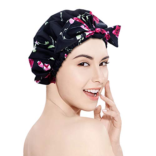 Shower Cap for Women, Waterproof & Reusable Bath Caps for Long Hair, Oversized Stylish Printed Shower Hat with Elastic Band and Tie Bow for All Hair Lengths, Home Salon SPA Treatment (B)