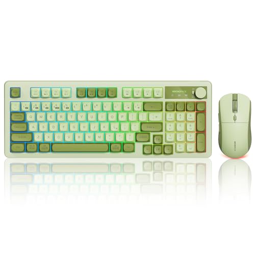 Wireless Keyboard and Mouse Combo Creamy with Number Pad for Desktop Mac iPad Bluetooth/2.4ghz/Wired Rechargeable Light up RGB Quiet Compatible with PC Laptop Tablet (Green)