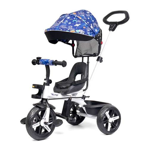 Image of Luusa Elite Pro 4-in-1 Kids Tricycle with Parent Push Handle, Adjustable Canopy, Safety Seat with Seat Belt, Storage Basket & Cup Holder | Toddler Trike for 1-4 Years Boys & Girls (White)