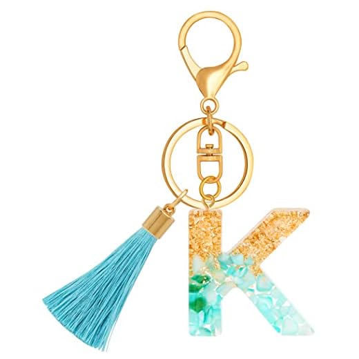 Chaveiros com letra inicial para meninas e mulheres, chaveiro de borla fofo ciano para mochila escolar, Blue-k, Standard