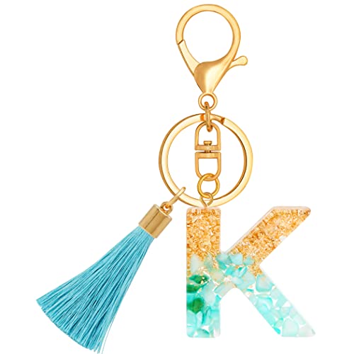Chaveiros com letra inicial para meninas e mulheres, chaveiro de borla fofo ciano para mochila escolar, Blue-k, Standard