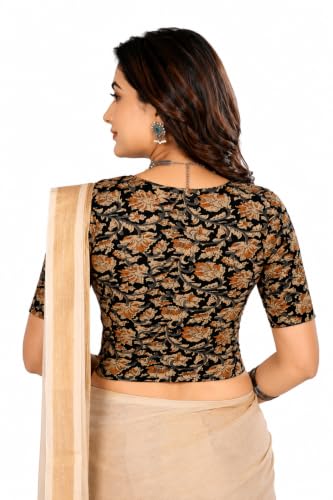 Image of Mogsa Women's Kalamkari Print Cotton Stretchable V-Neck Readymade Saree Blouse | Soft Cotton Blend | Stretch Fabric | Ready-to-Wear