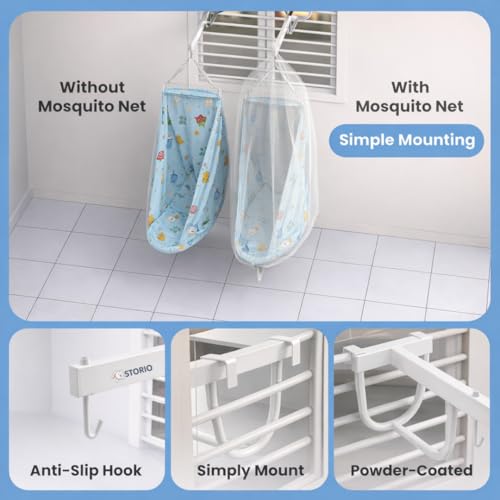 Image of Storio Baby Window Swing for Newborn (0-12 Months) | Hanging Baby Jhula with Mosquito Net, Spring & Metal Window Hanger | Polycotton Palna Thottil | Indoor Window Cradle Sleeping Set - Blue