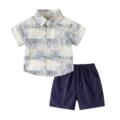 Image of Irsutey Toddler Boys Summer Outfits Color Block Lapel Collar Button Down Short Sleeve Shirt Top + Shorts for Kids (Navy,90/12-18 M)