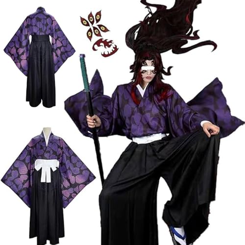Lmetsky Kokushibo Cosplay Costume Yoriichi Tsugikuni Cosplay Kimono Outfit Uniform Wig Robe Halloween (Black, Large)