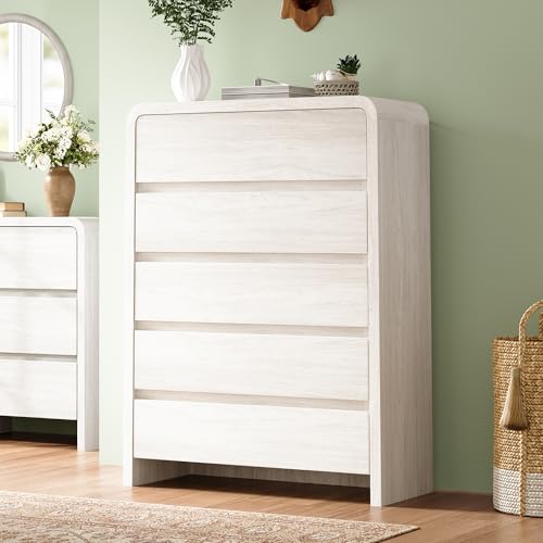 Image of 5 Drawer Dresser for Bedroom, 48 inch Tall Modern Chest of Drawers with Rounded Corners & Anti-Tip Kit, Wood Dresser Storage, Cabinet Organizer with Drawer Slides for Closet, Nursery, Apartment, White