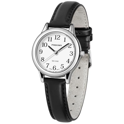 PINDOWS Minimalistische Uhren für Damen, Goldton-Gehäuse mit schwarzem Lederarmband, Modisch, Elegante Quarz-Analoguhr für den täglichen Gebrauch