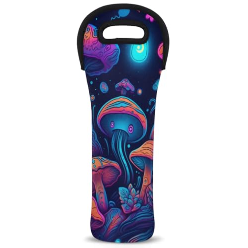 Neoprene Wine Tote Carrier Bag for Wine,Water, Champagne, Beer, Baby Bottles 15.6 x 5.1 Inches, Protective Wine Bag,Mushrooms