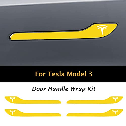 Image of IPG Compatible for Model 3 / Model Y /Juniper Door Handle Decal Sticker Wrap Kit (Set of 4) with Tesla Logo Personalize Your Tesla (Gloss Yellow)