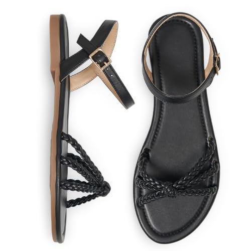 Image of iCKER Womens Braided Flat Sandals T‑Strap thong Elastic Stretch Ankle Strap