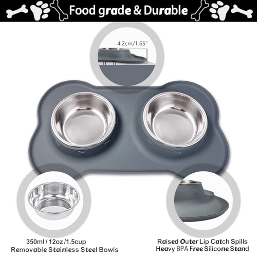 AsFrost Dog Food Bowls Stainless Steel Dog Food and Water Bowl Set, Dog Dishes No Spill Non Slip Silicone Mat, Dog Bowls for Small Medium Size Dogs Cat Puppy Pet Food Feeding Bowls, Grey, 12oz - Thumbnail 3