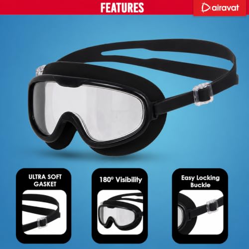 Image of AIRAVAT Macho swimming goggles for Kids Children Teens, polycarbonate goggles, Anti-Fog, Anti-UV, Wide View Swimming Goggles, Free size (Black)