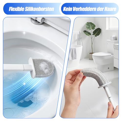 Canvint Klobürste Silikon – Flexible WC Bürste mit Flachem und Gebogenem Bürstenkopf für Wandmontage oder Stehend, für Bad und WC, Belüftet für Schnelles Trocknen – 1-Teiliges Set Weiß