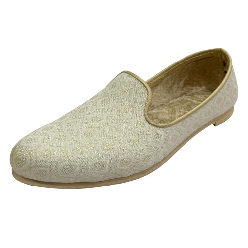 Image of Punjabi Mojaris Mens Shoes Cream Wedding for Groom,Traditional Indian Footwear Ethnic Peshawari Slippers