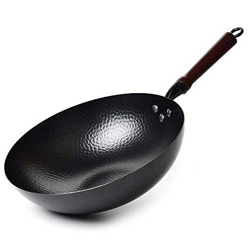 Cooking Wok Pan Nonstick, Hammered Wok and Stir Fry Pans with Wooden Handle, Frying Wok Carbon Steel Flat Bottom, Chinese Iron Pot for Cooking (12 Inch)