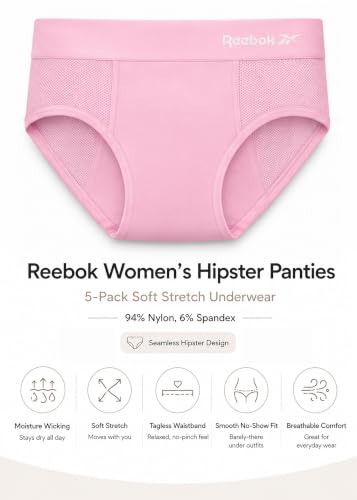Image of Reebok Womens Hipster Panties 5 Pack Soft Stretch Underwear for Women | Moisture wicking hipster briefs with a tagless relaxed waistband Soft stretch fabric with a smooth, barely-there fit all day.