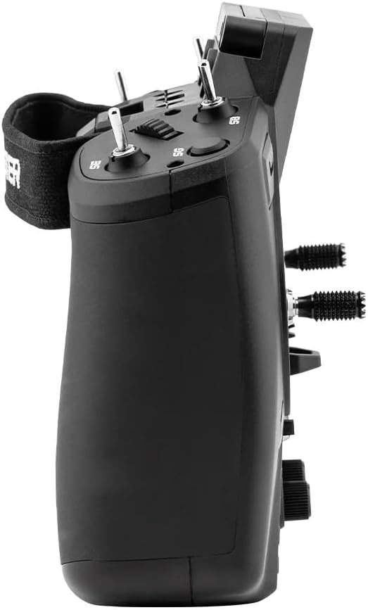 Apa view of the RadioMaster GX12 radio controller, showing the ergonomic grip and side switches.