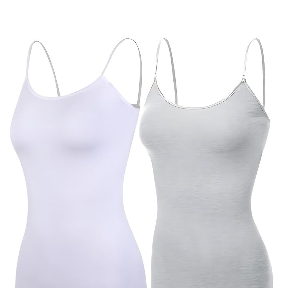 2-Pack Womens Camisole with Shelf Bra Adjustable Spaghetti Strap Cami Cotton Undershirt Tanks (White & Grey)-image-40