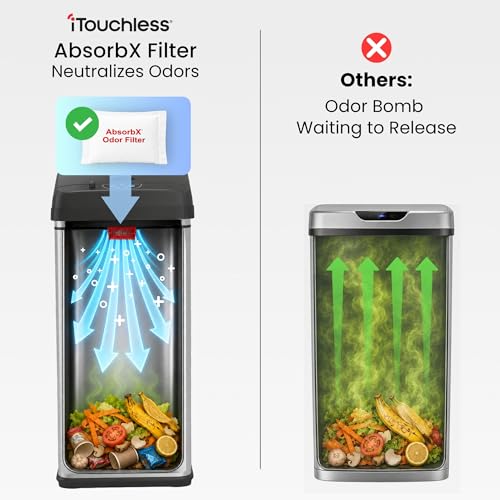 Image of iTouchless 50 Liter / 13 Gallon Sensor Dog-Proof Kitchen Trash Can with Lid Lock and AbsorbX Odor Filter, Touchless Lid, Stainless Steel Garbage Recycling Bin for Kitchen, Home, Office, Business