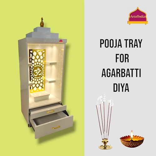 Image of Wooden Mandir, Designer Mandir for Home, Office, Golden Jali, White Colour, 18 mm Board (White)