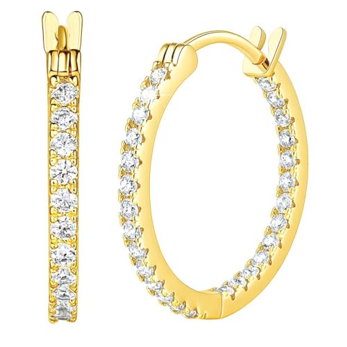 14K Gold Hoop Earrings with Dual-Sided CZ for Women, Hypoallergenic for Sensitive Ears, 15/20/30mm