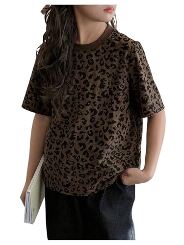 Girl's Leopard T Shirts Short Sleeve Crew Neck Graphic Tees Vintage Summer Tops