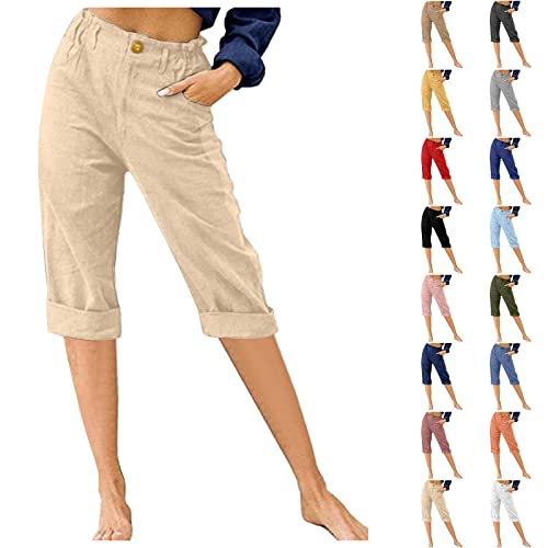 Womens Capri Pants Linen Elastic Waist Pant Lightweight Capris Loose Straight Leg Pants Beach Outfits with Pockets2