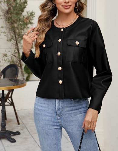 Ladyful Womens Crop Faux Leather Bomber Jacket Oversized Collarless Going Out Pu Moto Coat4