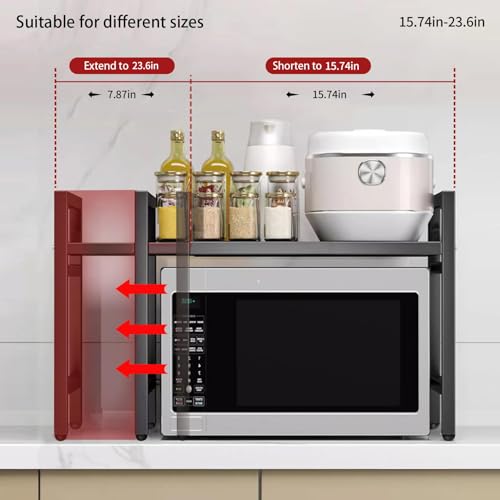 UBRAVOO Adjustable Microwave Oven Rack with Hooks, 100 kg Capacity, Space-Saving Kitchen Shelf with Storage Organizer (Black) - Image 5