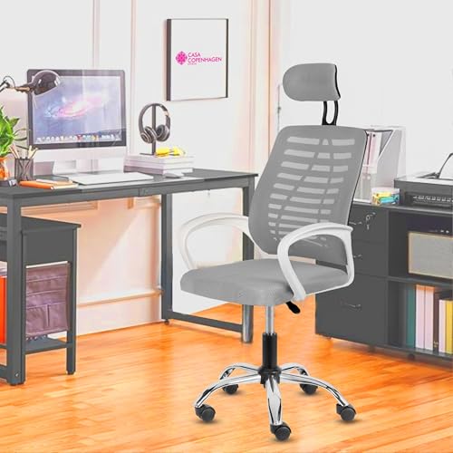 Image of Casa Copenhagen,Mesh Office Desk Chair,Rocking Ergonomic Computer Chair Adjustable High with Headrest and Comfortable Armrest Swivel- Grey Milanage & White Handle