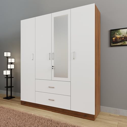 Image of VIKI Wardrobe | Wooden Almirah for Clothes,Door for Bedroom, 4 Door Wardrobe with Drawer, Mirror & Hanging Space (Walnut & White - 40D x 160W x 180H) | 1 Year Warranty | Free Assembly