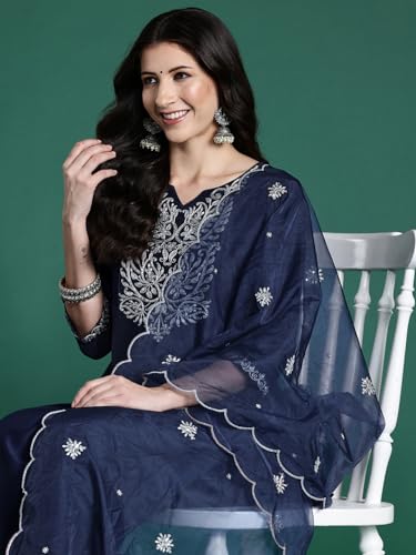 Image of INDO ERA Women's Silk Blend Embroidered Straight Kurta Pant With Dupatta Set