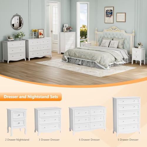 Image of VINGLI White Dresser 6 Drawer, Wood Dresser Chest of Drawers, Clothes Dressers for Bedroom with Curved Legs and Grooved Drawer Front, French, 47.24 inch W*15.75 inch D*33 inch H