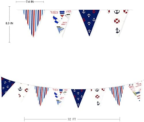 32Ft Red Blue White Bunting Banner Party Decorations Fabric Pennant Triangle Flag Garland for Ahoy Anchor Nautical Pirate Under The Sea Ocean Underwater Wedding Birthday Baby Shower Kids Room Nursery