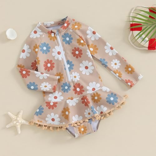 Yccutest Toddler Floral Bathing Suit Girls Long Sleeve Zipper Ruffle Tassel One Piece Swimsuit Kids Rash Guard Swimwear Beach3