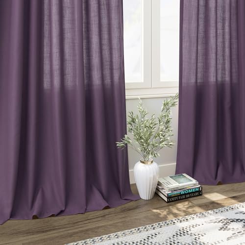 Image of Nanspring Plum Linen Curtains 84 Inch Length 2 Panels Set for Living Room Rod Pocket Back Tab Light Filtering Window Drapes for Bedroom Dining Room Protect Privacy Country Farmhouse Decor 52x84