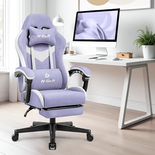 N-GEN GAMING Video Gaming Chair with Footrest Lumbar Support for Home Office High Back Recliner Height Adjustable Ergonomic Comfy Fabric Computer Desk Chair (Purple) - Image 3
