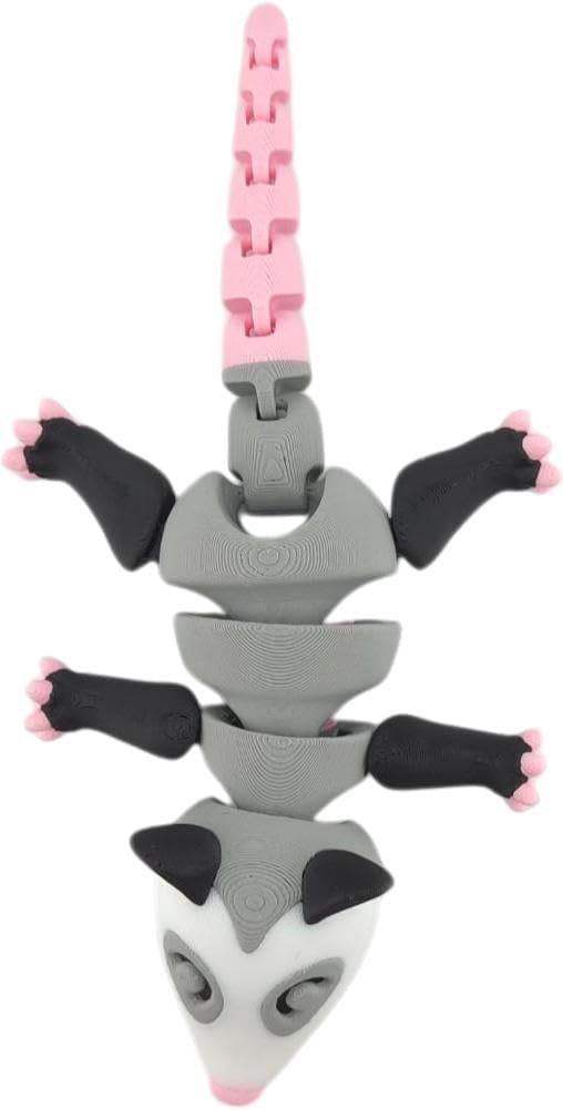 3D Printed Articulated Possum Figurine | Realistic Black, Grey, White, and Pink Colors | Adorable Desk Decor and Collectible Toy | Fidget (Possum Only)