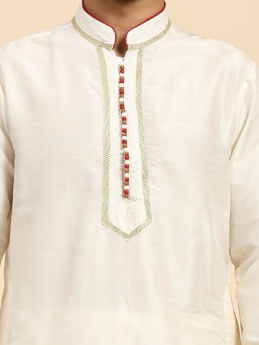 Image of SKAVIJ Men's Dupion Silk Embroidered Kurta Pajama Scarf Set Ethnic Motifs 3-Piece Festive Dress