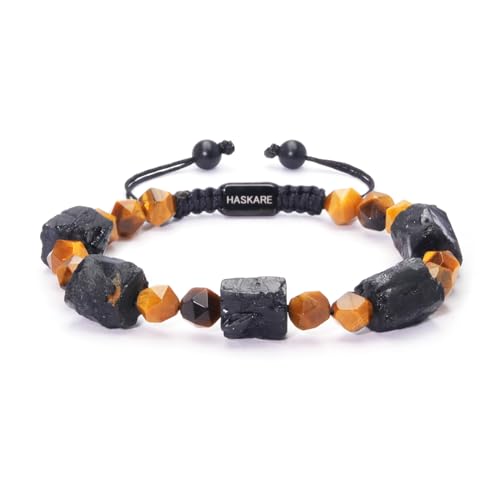 Mens Bracelet Beads Protection Crystals for Men, HASKARE Genuine Black Tourmaline Tiger Eye Stone Bracelets for Ultimate Protection, Drawstring Mens Bracelet Energy Beads Bracelets for Men Gift for Him