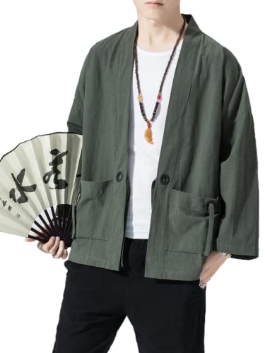Image of Men's Japanese Kimono Cardigan Loose Cotton Linen 3 /4 Sleeve Open Front Casual Summer Shirt Jackets