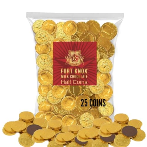 Holiday Gold Half Dollar Chocolate 25 Coins. Milk Chocolate for Birthdays, Christmas, Halloween or any ocasion. Half Dollar Gold Foil Coins, Pieces Individually Wrapped 6oz (25 Pack)