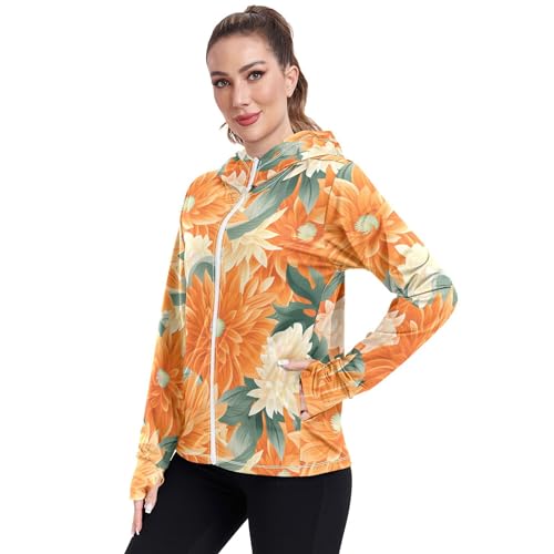 Moletom feminino com zíper abstrato flores amarelas FPS 50+ com bolsos jaqueta atlética feminina P,