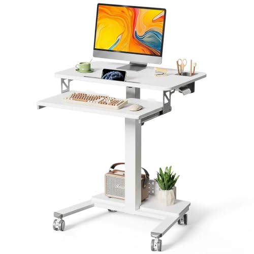 Image of 28 inch Rolling Standing Desk with Keyboard Tray and Podium, White