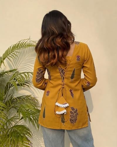 Image of ANNI Designer Women's Viscose Blend Printed Short Kurti | Ethnic Printed Tunic Top | V Neck Lace Detail | Full Sleeve Hip Length Kurta Top for Women
